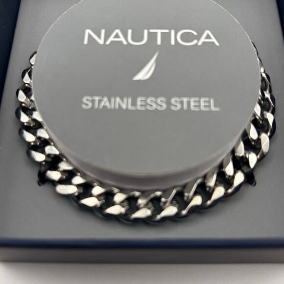 Nautica mens stainless steel Cuban link chain bracelet 8.5 in lobster clasp NIB - Picture 4 of 16